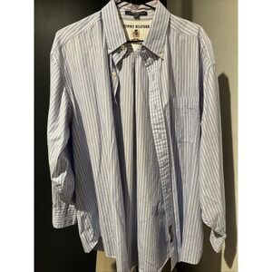 Tommy Hilfiger 90s Crest Dress Shirt 16.5 32/33 Blue Stripe Hong Kong Y2K VTG